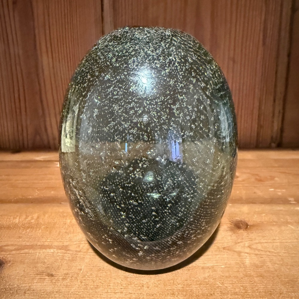 Vintage Controlled Bubble Art Glass Egg Vase Smoky Green‎ Charcoal MCM